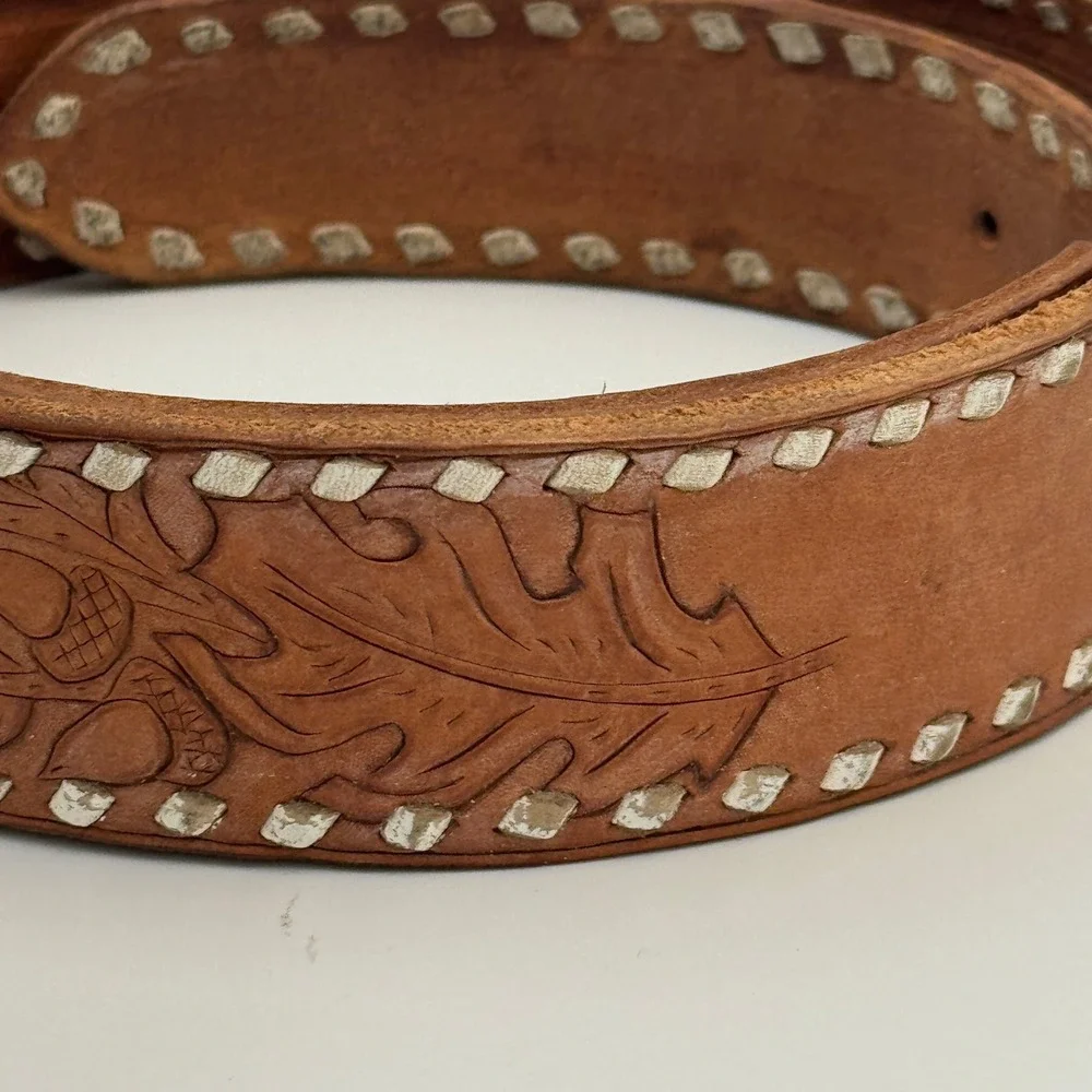 Custom Tooled Leather Belt David Personalized Buckstitch Western Tan Brown‎